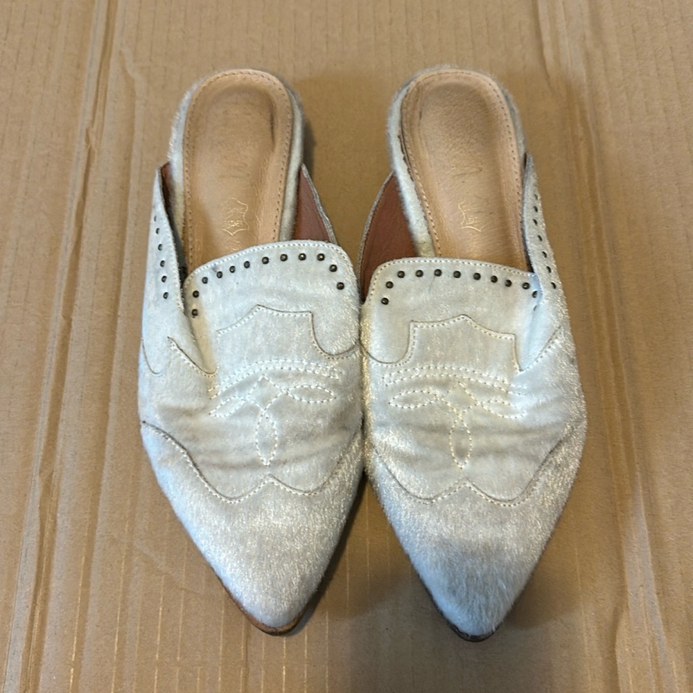 White fur mules